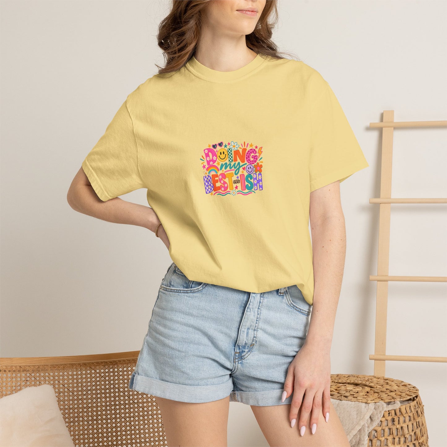 Doing My Best-ish Tee in Butter, worn by a model - a centred upper-front print on a garment-dyed Comfort Colors 1717 tee.
