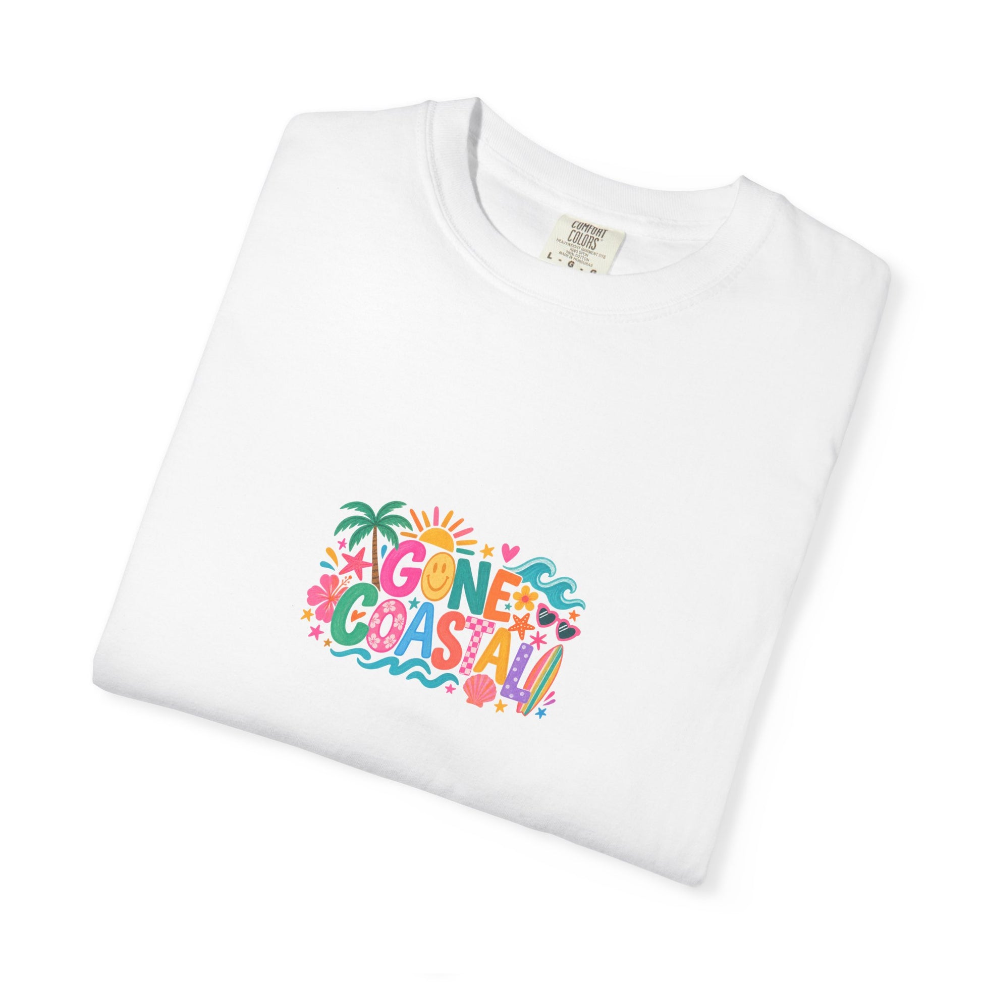 Gone Coastal Tee in White, folded flat - a centred upper-front print on a garment-dyed Comfort Colors 1717 tee.