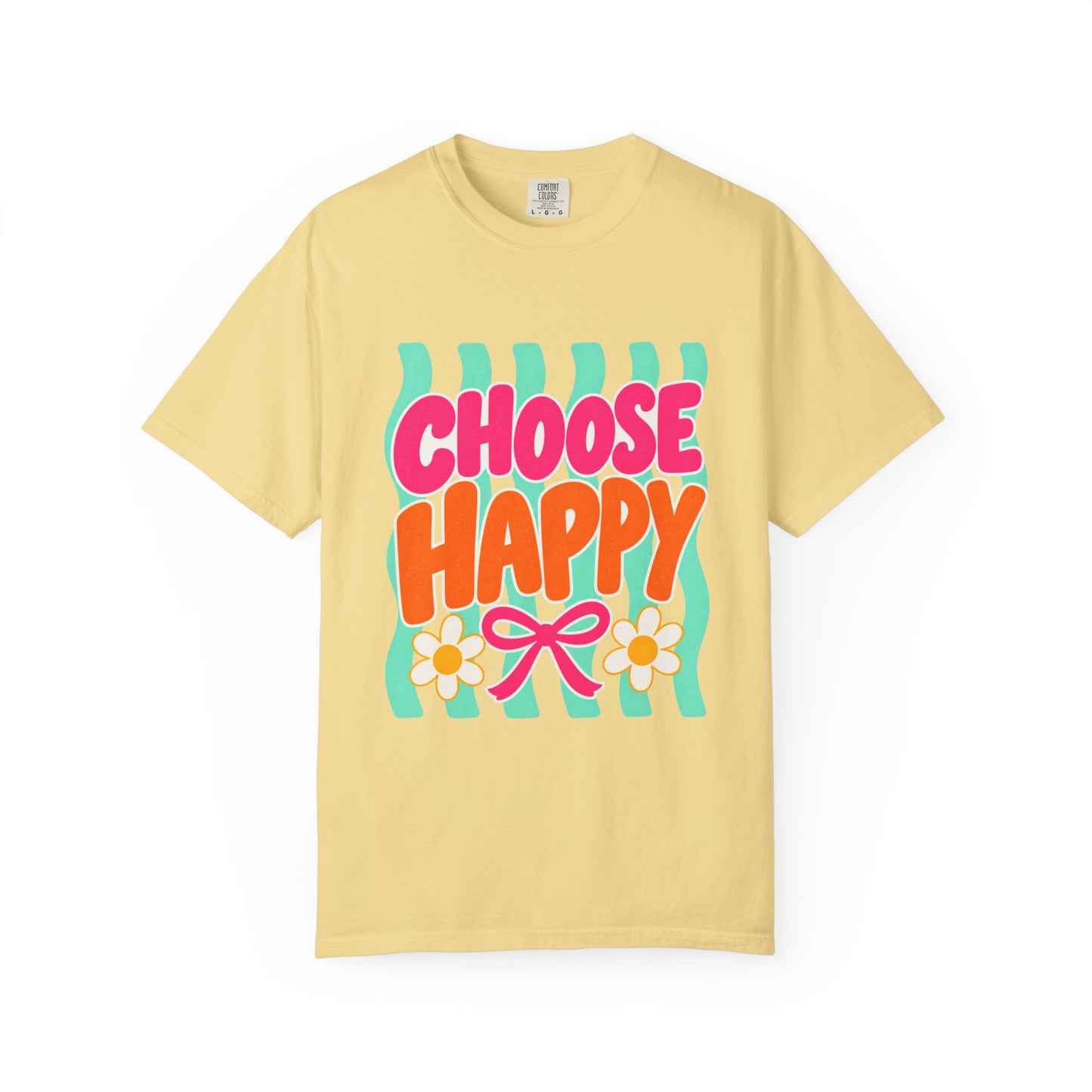 Choose Happy Tee in White, front view - a large centered full-front print in rounded pink and orange lettering with daisies, on a garment-dyed Comfort Colors 1717 tee.