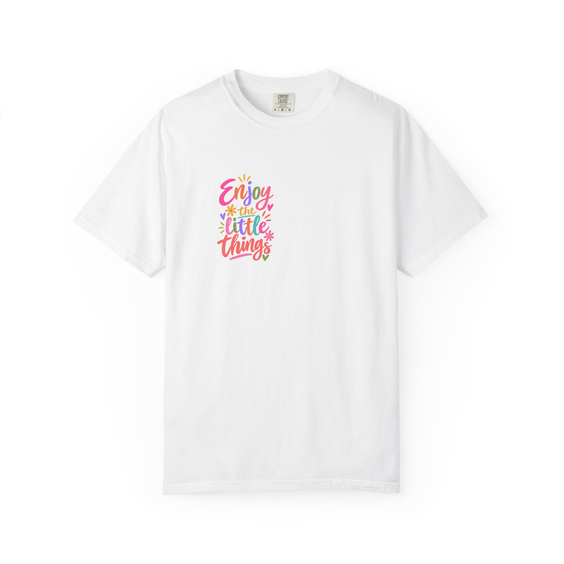 Enjoy the Little Things Tee in White, front view - a small left-chest brush-script print on a garment-dyed Comfort Colors 1717 tee.