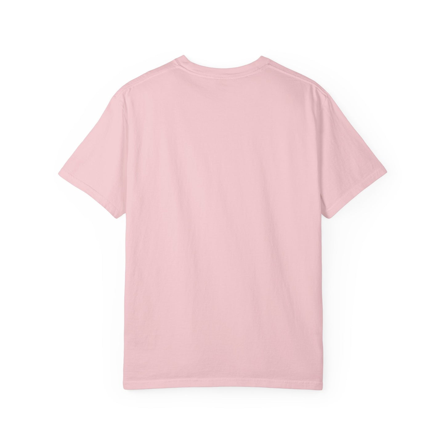 I'll Be There In 5-ish Tee in Blossom, back view - a small left-chest print on a garment-dyed Comfort Colors 1717 tee.