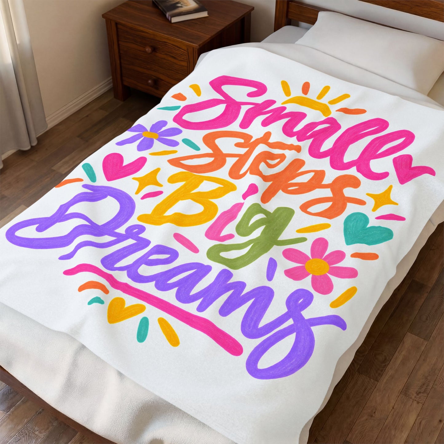 Small Steps, Big Dreams velveteen plush blanket with a bright hand-lettered print.