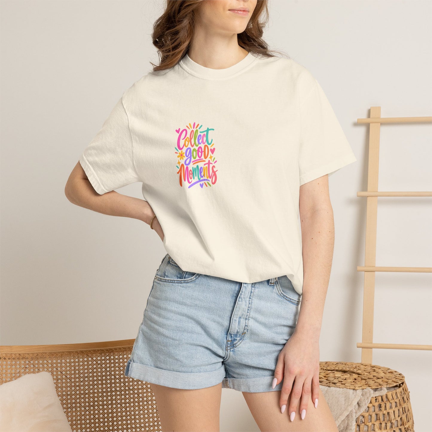 Collect Good Moments Tee in Ivory, worn by a model - a small left-chest brush-script print on a garment-dyed Comfort Colors 1717 tee.