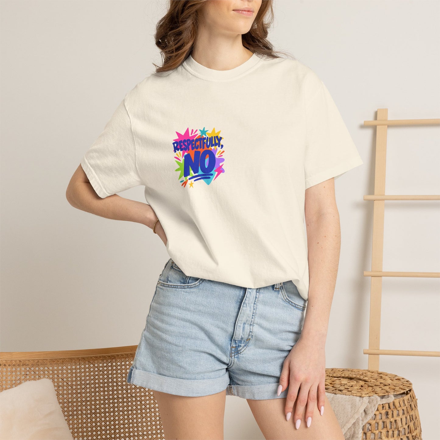 Respectfully, No Tee in Ivory, worn by a model - a small left-chest print on a garment-dyed Comfort Colors 1717 tee.