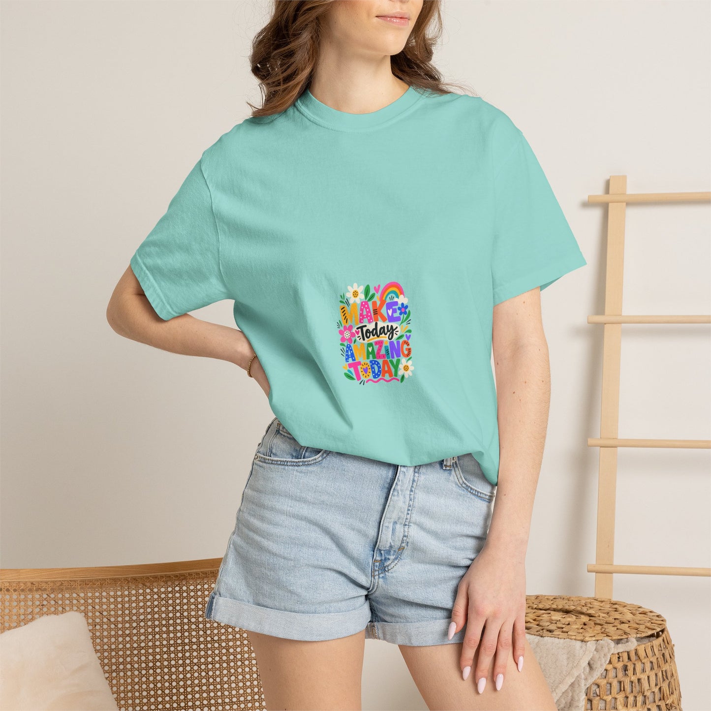 Make Today Amazing Tee in Chalky Mint, worn by a model - a small left-chest print on a garment-dyed Comfort Colors 1717 tee