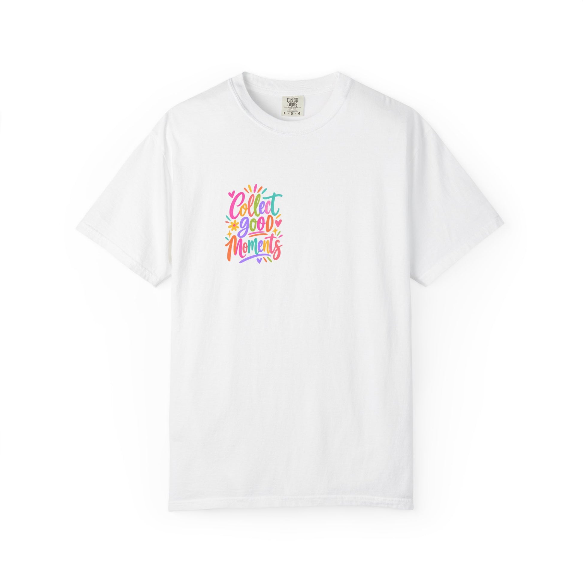 Collect Good Moments Tee in White, front view - a small left-chest brush-script print on a garment-dyed Comfort Colors 1717 tee.