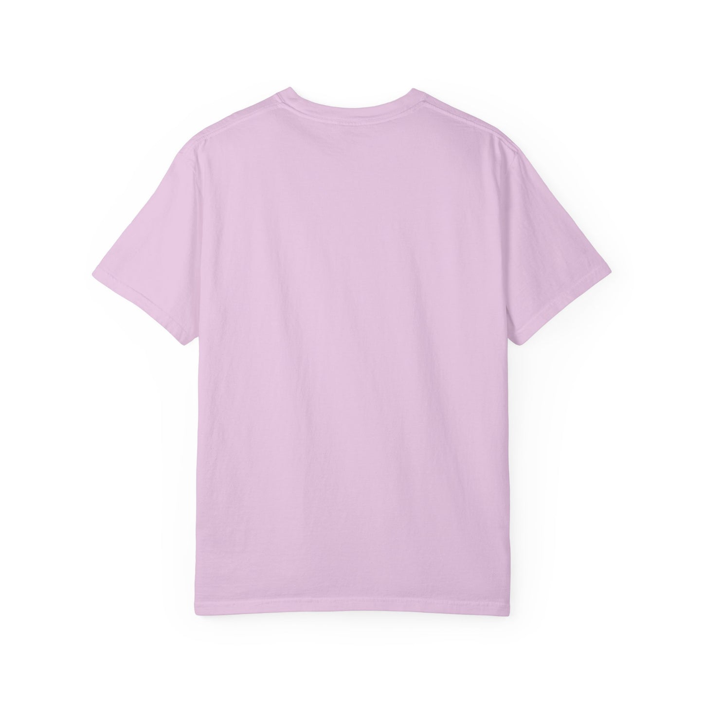I'll Be There In 5-ish Tee in Orchid, back view - a small left-chest print on a garment-dyed Comfort Colors 1717 tee.