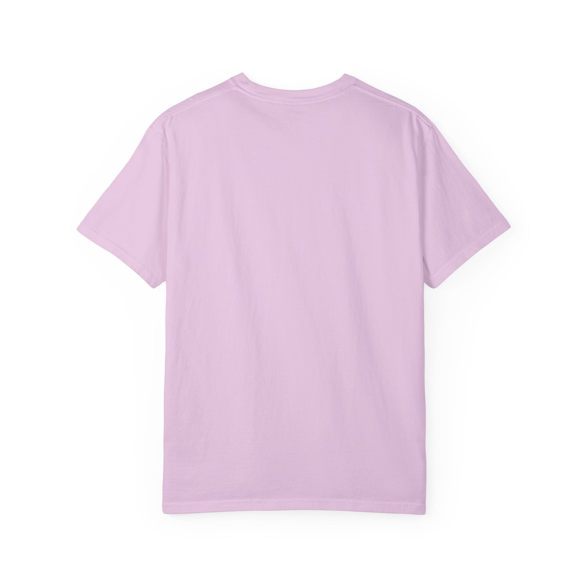 Respectfully, No Tee in Orchid, back view - a small left-chest print on a garment-dyed Comfort Colors 1717 tee.