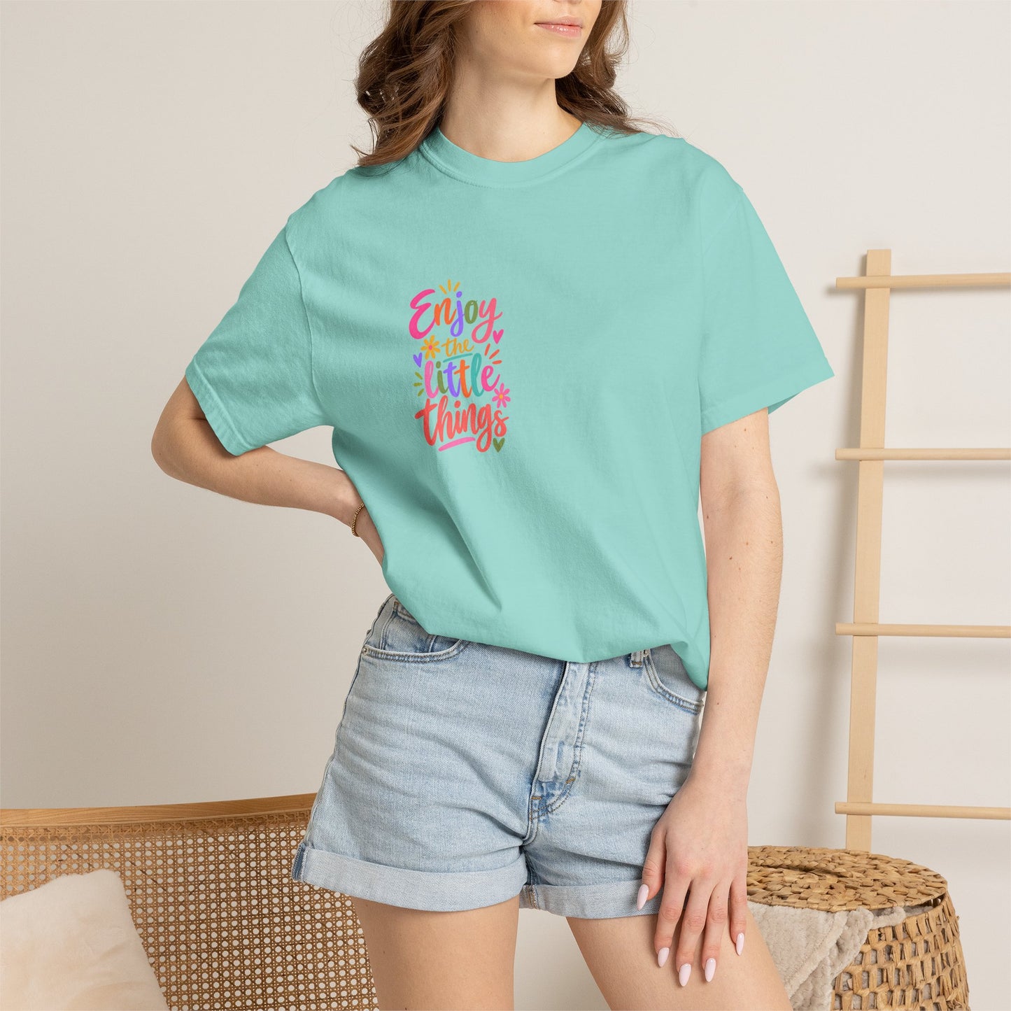 Enjoy the Little Things Tee in Chalky Mint, worn by a model - a small left-chest brush-script print on a garment-dyed Comfort Colors 1717 tee.