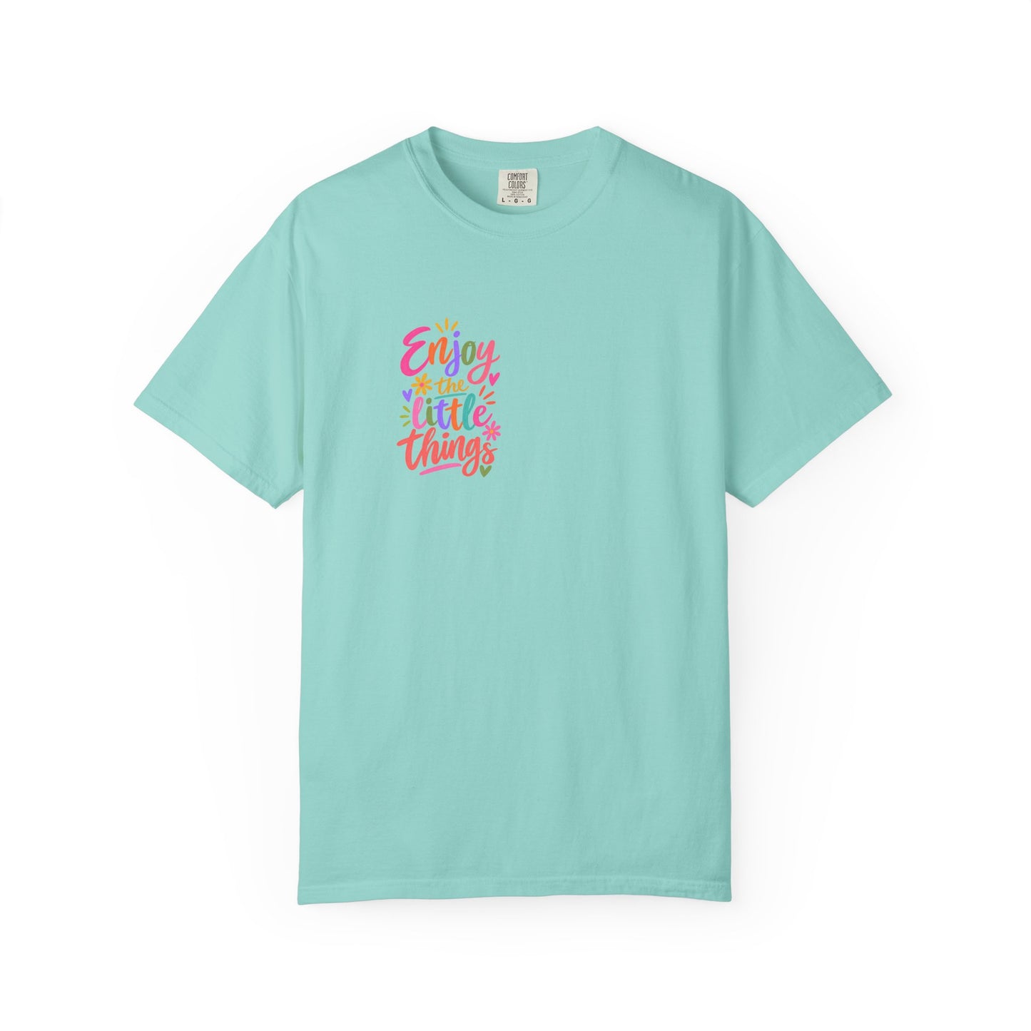 Enjoy the Little Things Tee in Chalky Mint, front view - a small left-chest brush-script print on a garment-dyed Comfort Colors 1717 tee.