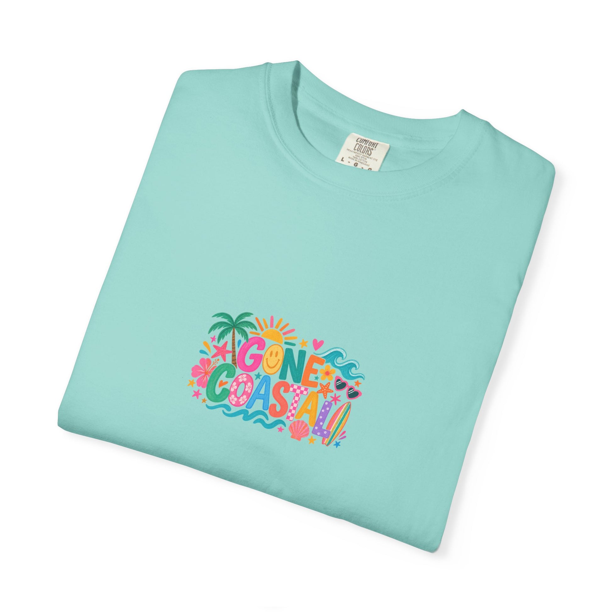 Gone Coastal Tee in Chalky Mint, folded flat - a centred upper-front print on a garment-dyed Comfort Colors 1717 tee.