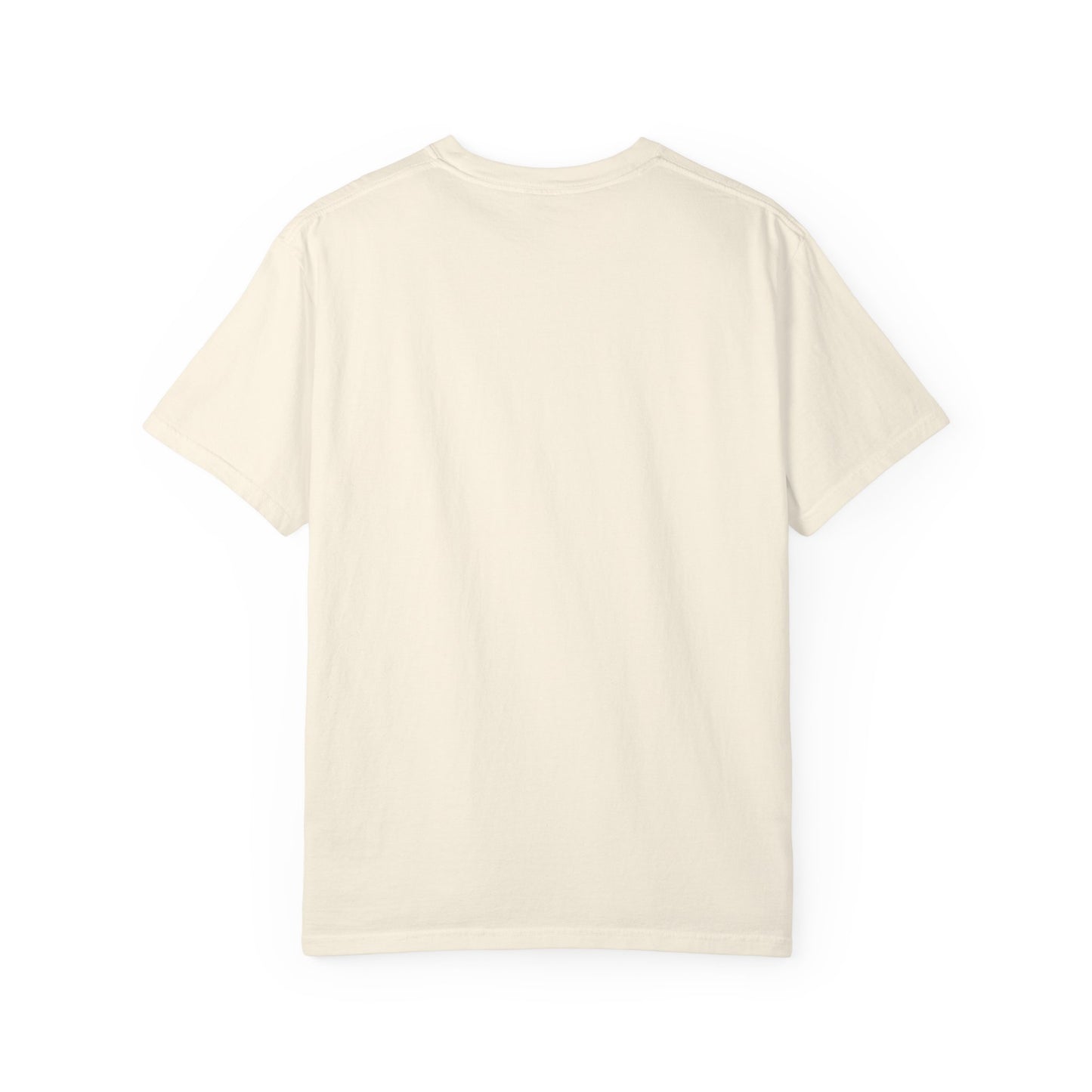 I'll Be There In 5-ish Tee in Ivory, back view - a small left-chest print on a garment-dyed Comfort Colors 1717 tee.