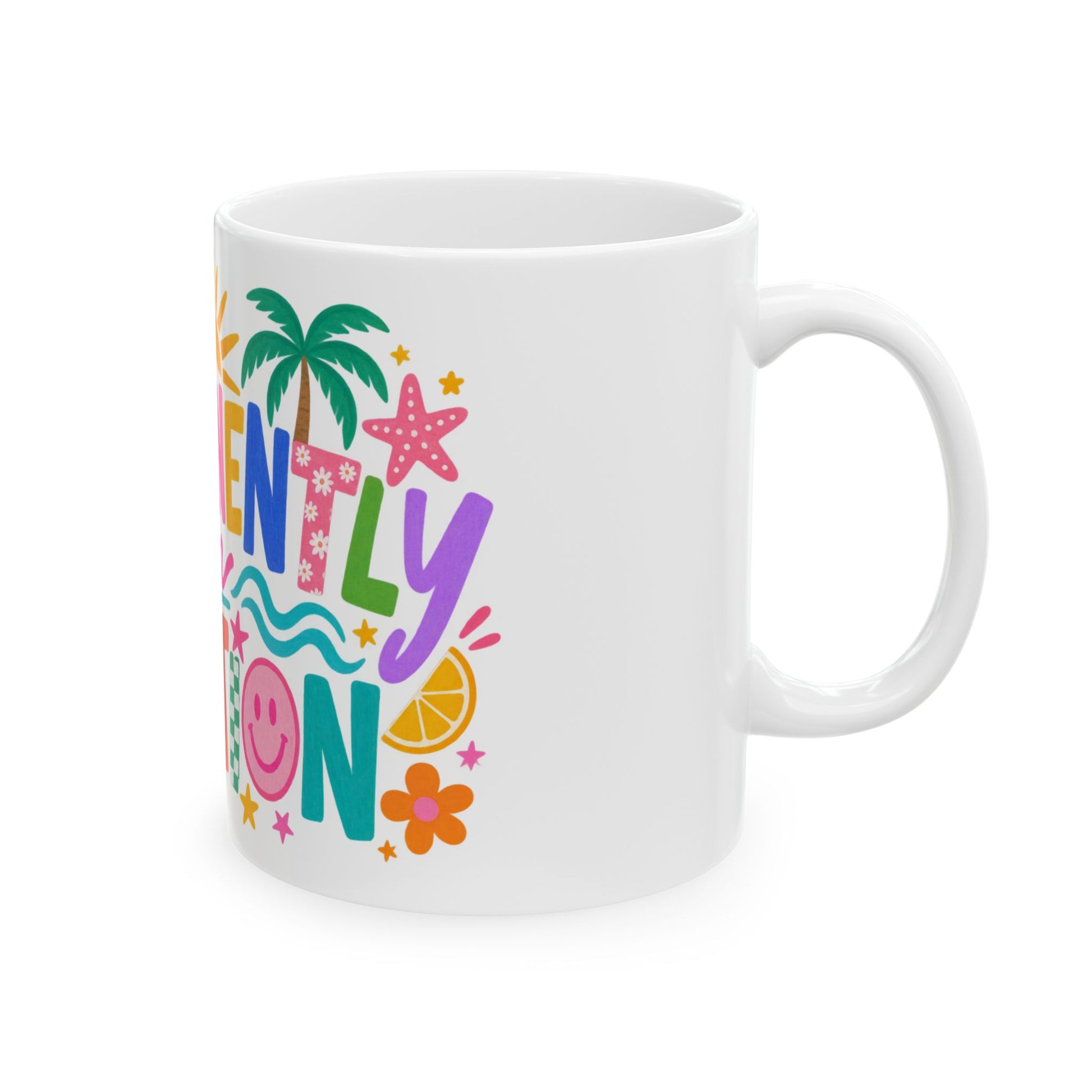 Permanently on Vacation white ceramic mug with a bright coastal print on one side.