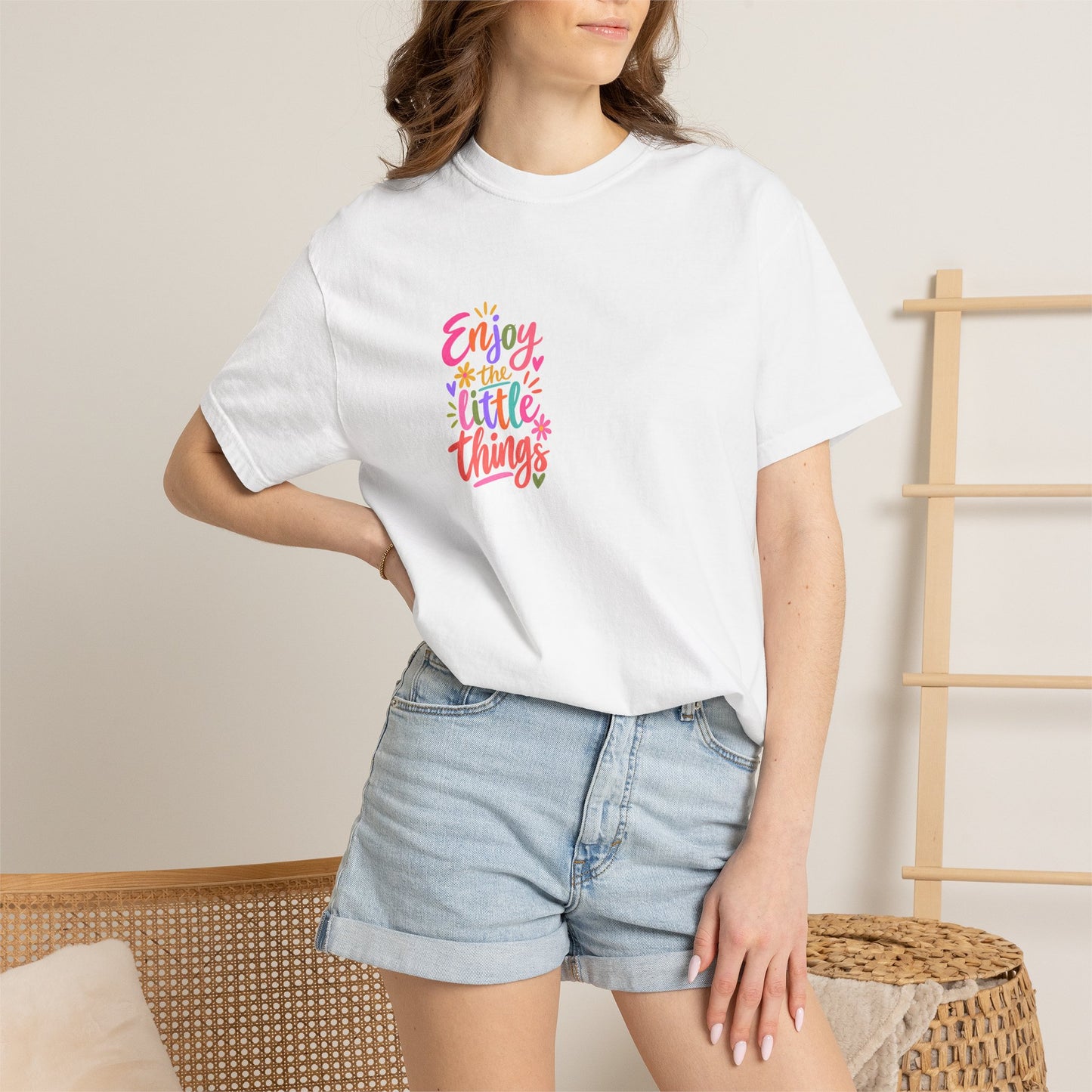 Enjoy the Little Things Tee in White, worn by a model - a small left-chest brush-script print on a garment-dyed Comfort Colors 1717 tee.