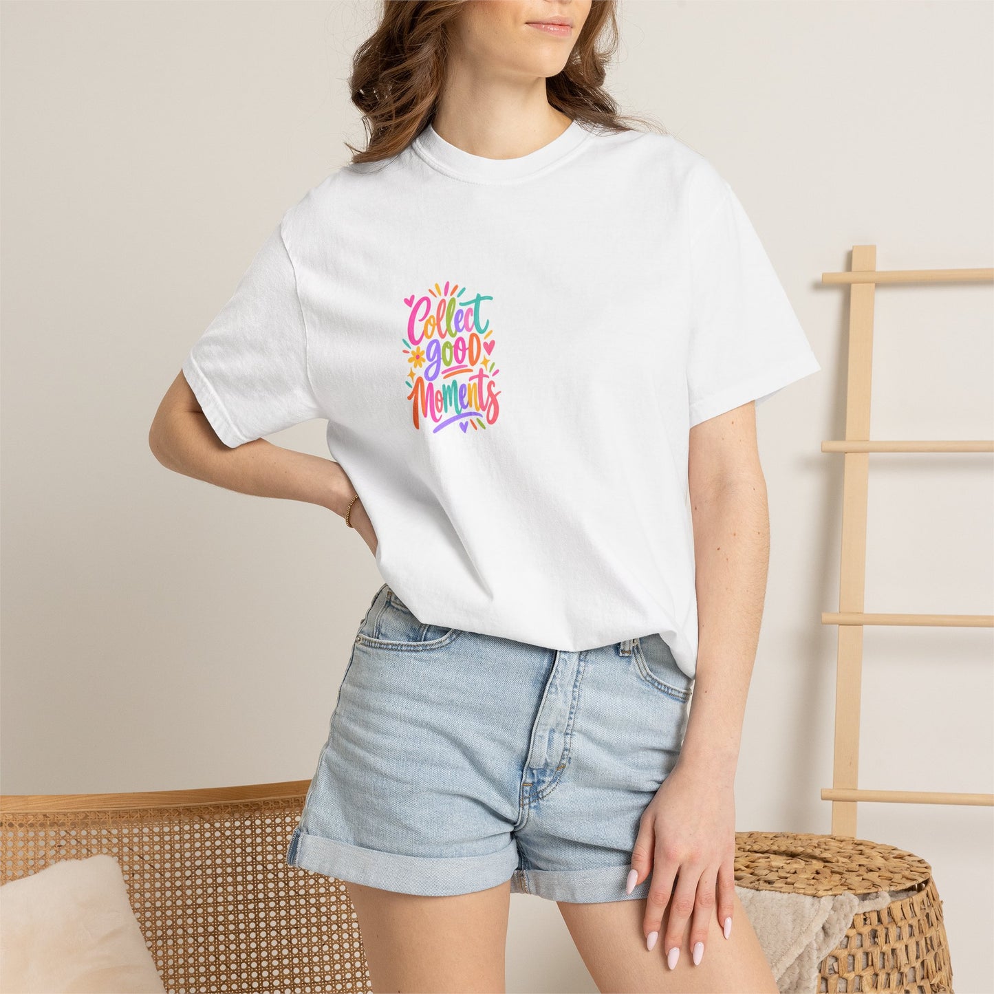Collect Good Moments Tee in White, worn by a model - a small left-chest brush-script print on a garment-dyed Comfort Colors 1717 tee.