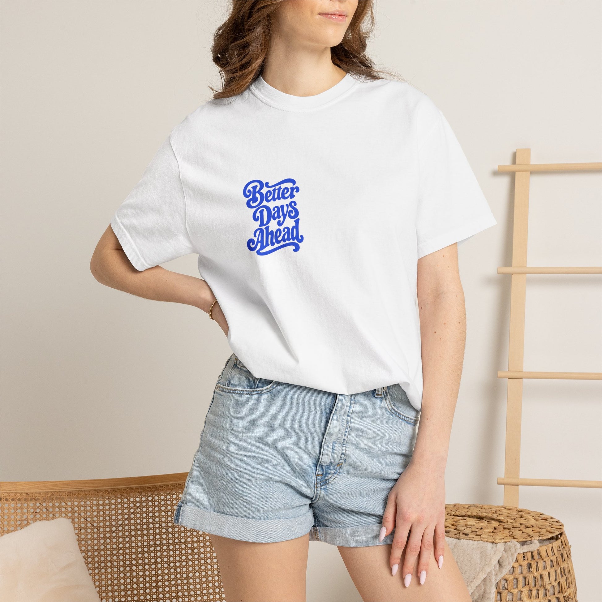 Better Days Ahead Tee in White, worn by a model - a small left-chest brush-script print on a garment-dyed Comfort Colors 1717 tee.