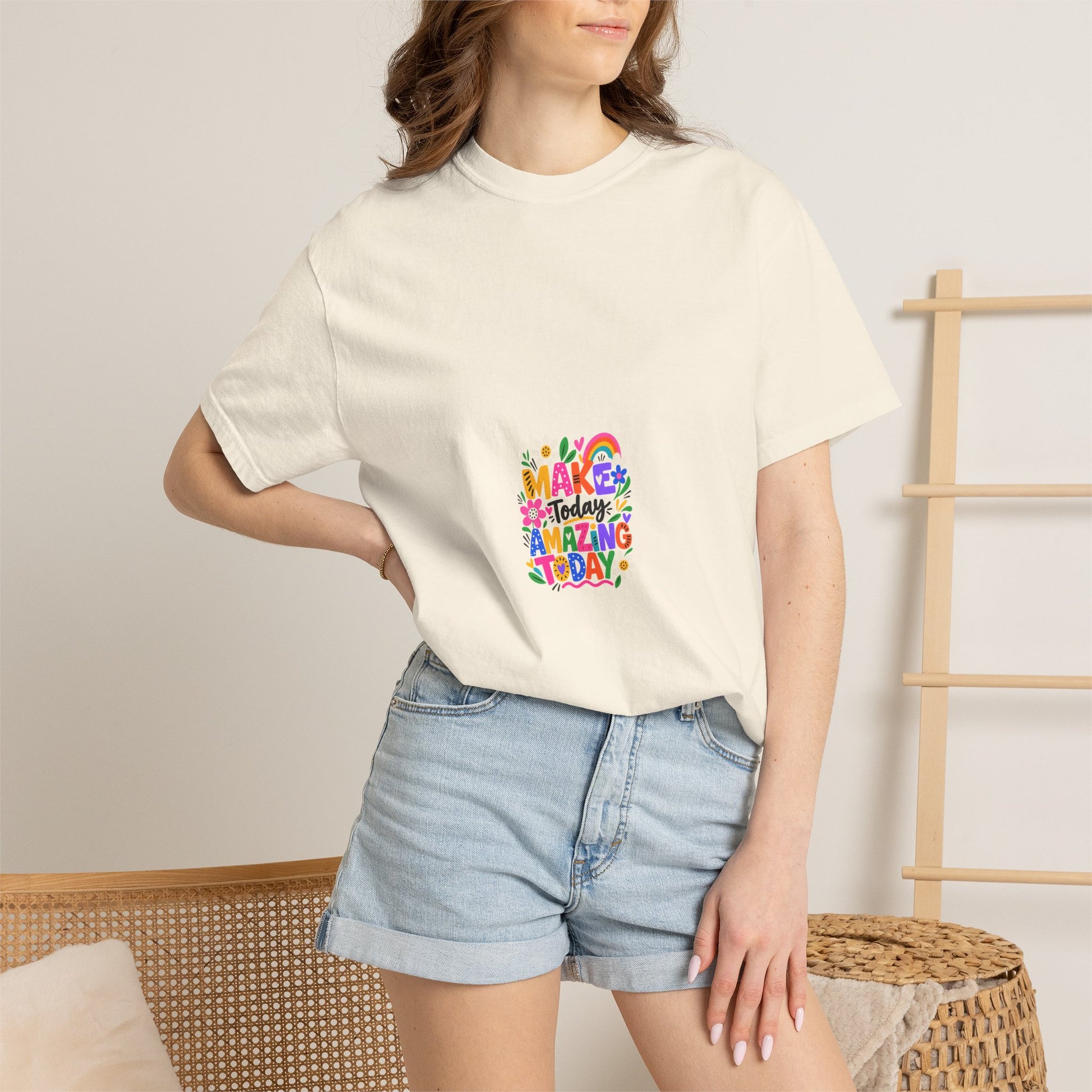 Make Today Amazing Tee in Ivory, worn by a model - a small left-chest print on a garment-dyed Comfort Colors 1717 tee