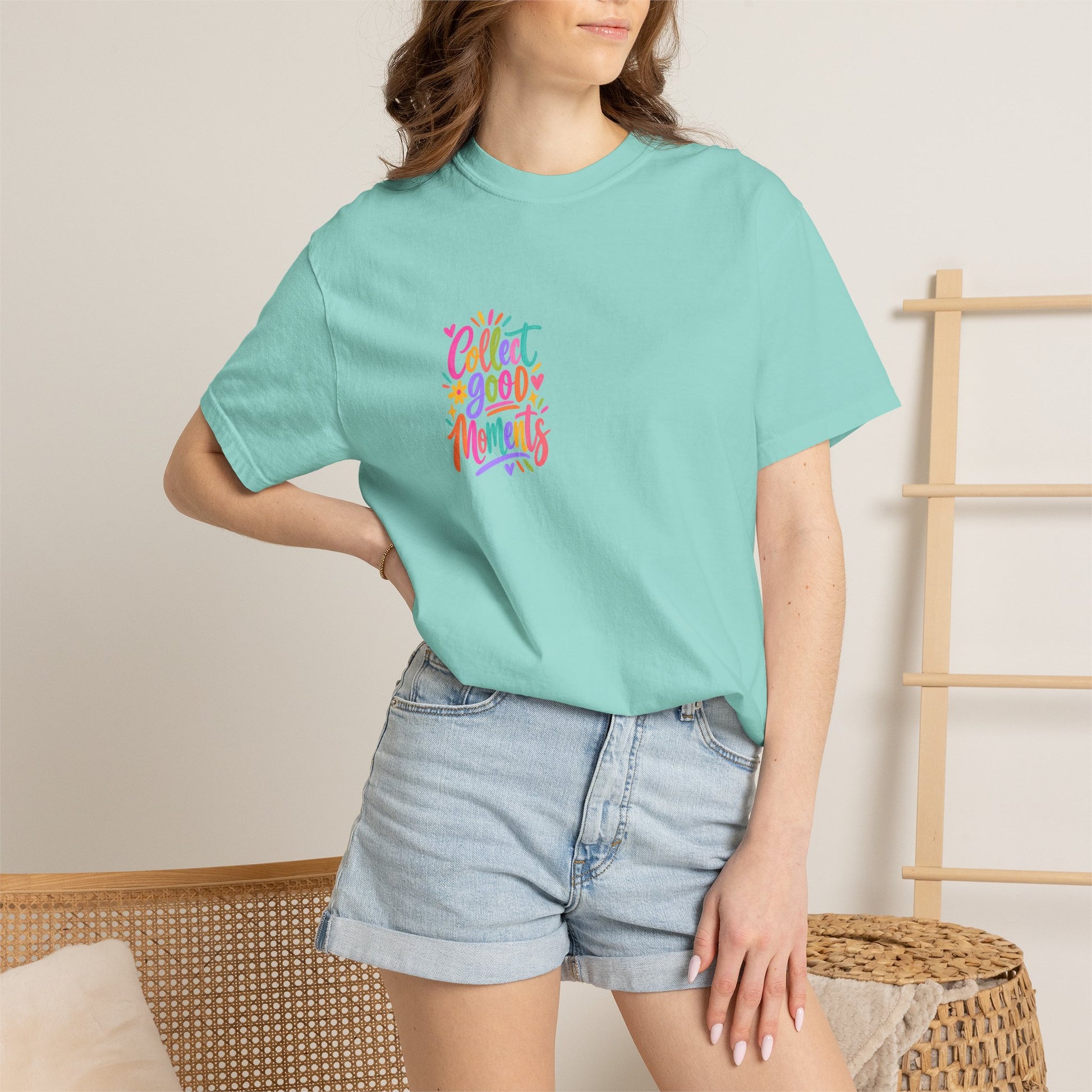 Collect Good Moments Tee in Chalky Mint, worn by a model - a small left-chest brush-script print on a garment-dyed Comfort Colors 1717 tee.