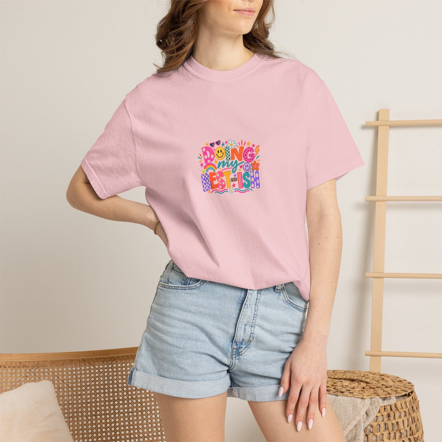 Doing My Best-ish Tee in Blossom, worn by a model - a centred upper-front print on a garment-dyed Comfort Colors 1717 tee.
