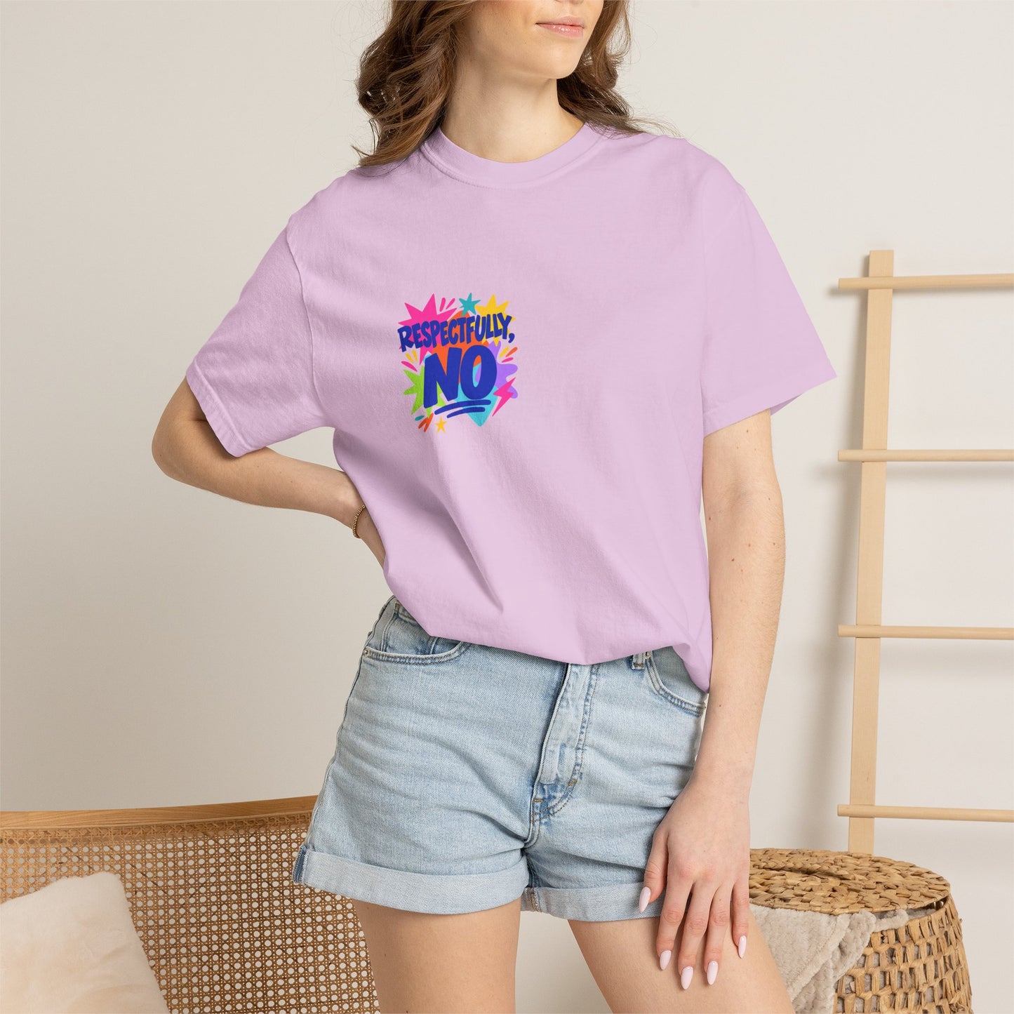 Respectfully, No Tee in Orchid, worn by a model - a small left-chest print on a garment-dyed Comfort Colors 1717 tee.