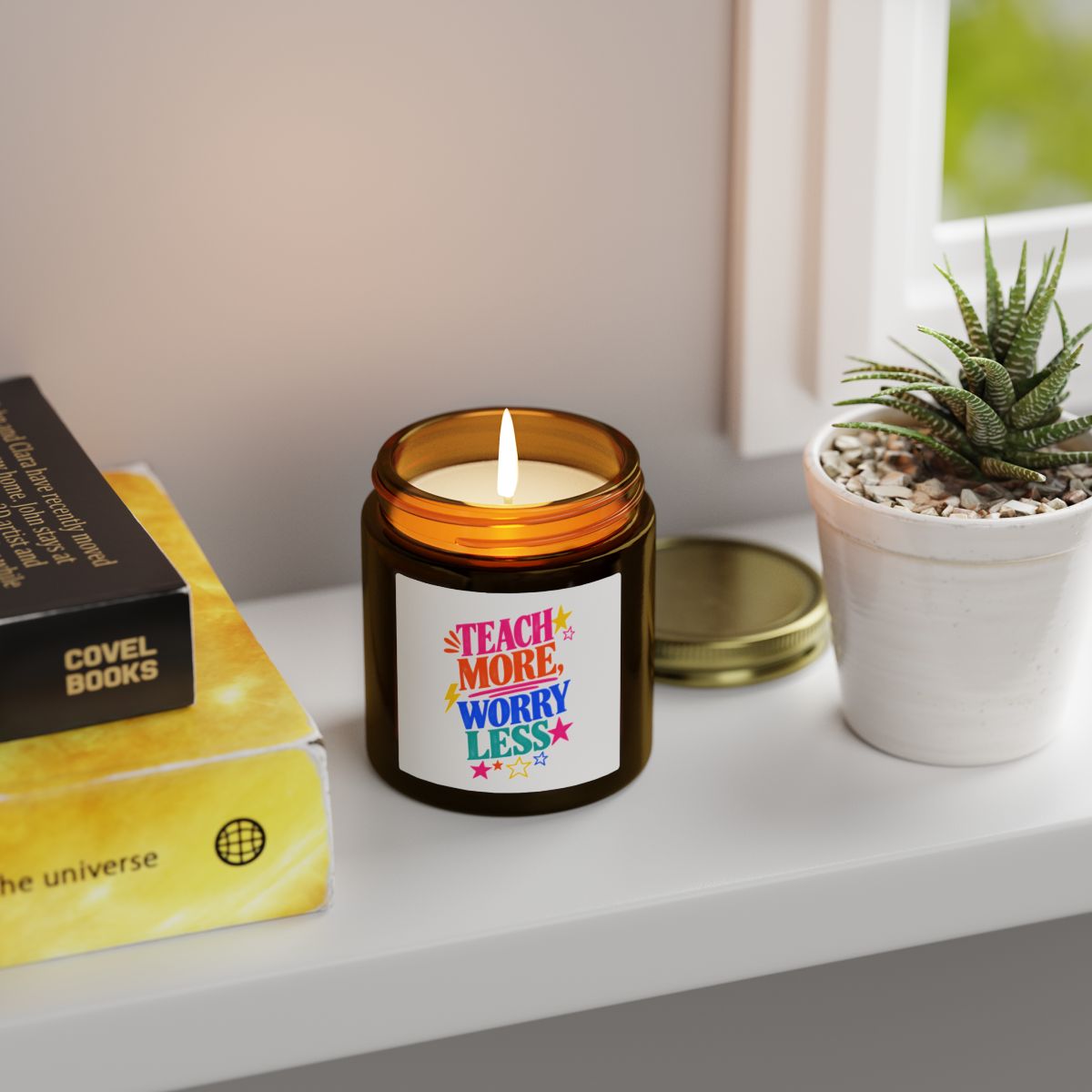 Teach More, Worry Less scented candle in an amber glass jar, in use